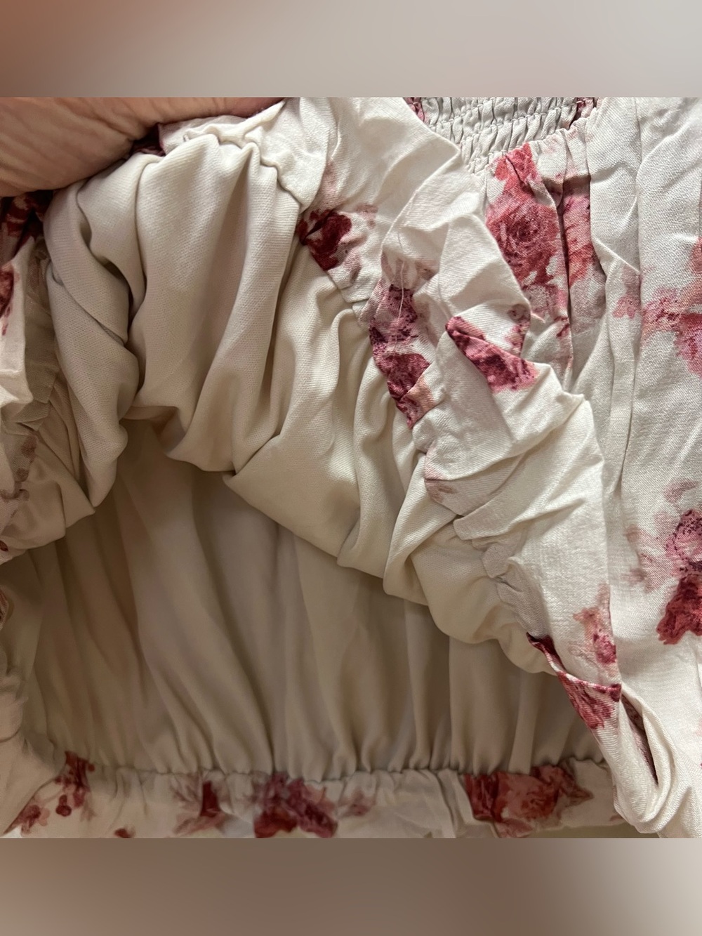 Floral Smocked Waist Mini Skirt - Cream with Dusty Rose - Picture 3 of 9